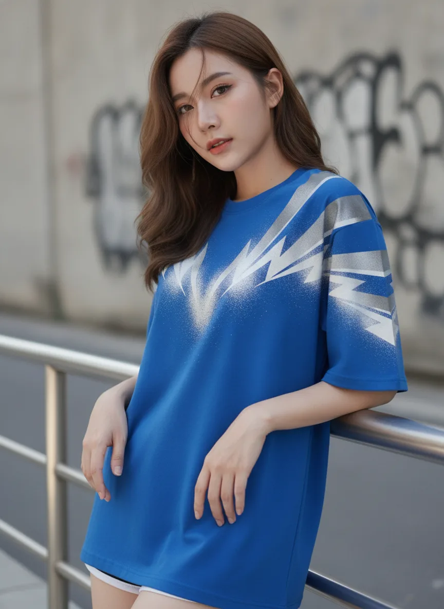 เสื้อโอเวอร์ไซส์ลายสายฟ้าดาวกระจายสีน้ำเงิน ด้านหน้า