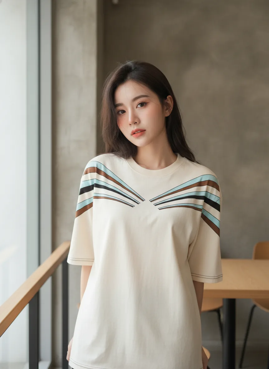 เสื้อโอเวอร์ไซส์ ลายริ้วพัดโค้ง ฟ้า-น้ำตาล สีครีม มุมที่ 2 เสื้อโอเวอร์ไซส์ ลายริ้วพัดโค้ง ฟ้า-น้ำตาล สีครีม มุมที่ 2
