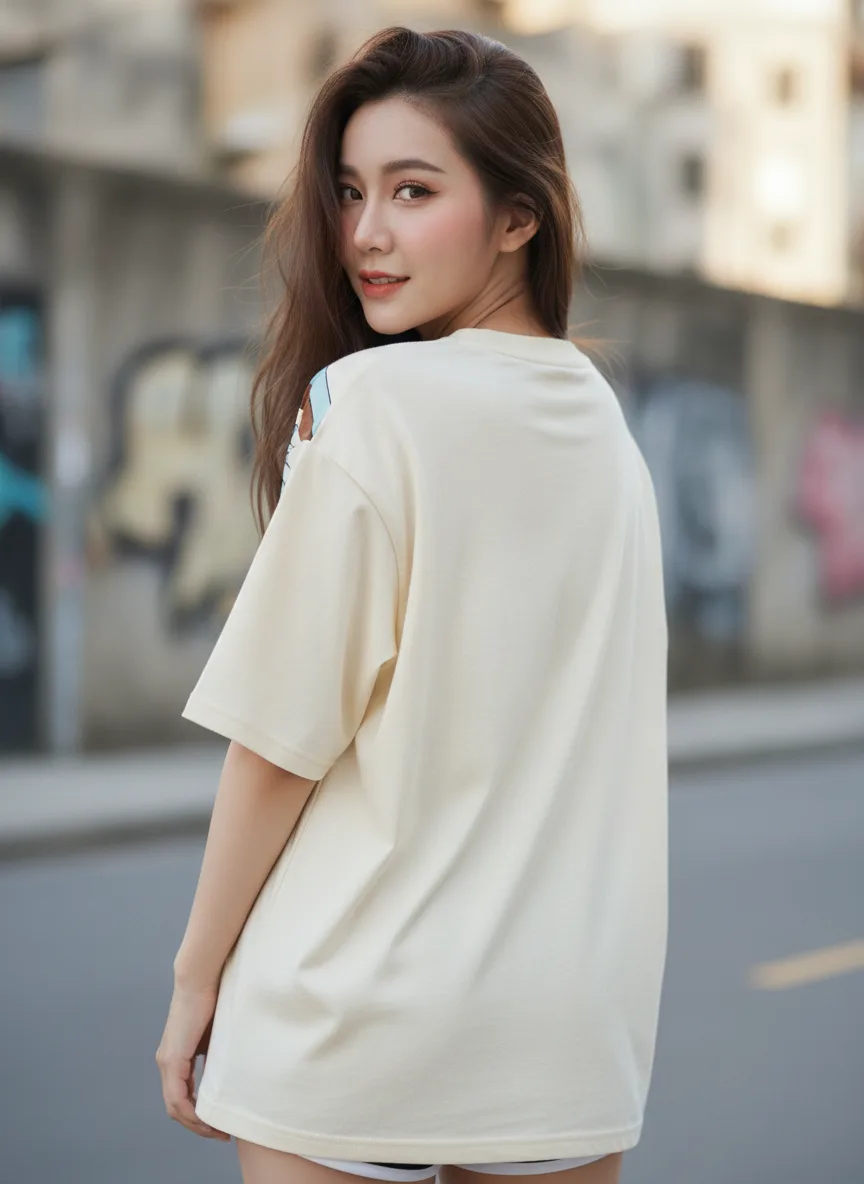 เสื้อโอเวอร์ไซส์ ลายริ้วพัดโค้ง ฟ้า-น้ำตาล สีครีม ด้านหลัง เสื้อโอเวอร์ไซส์ ลายริ้วพัดโค้ง ฟ้า-น้ำตาล สีครีม ด้านหลัง