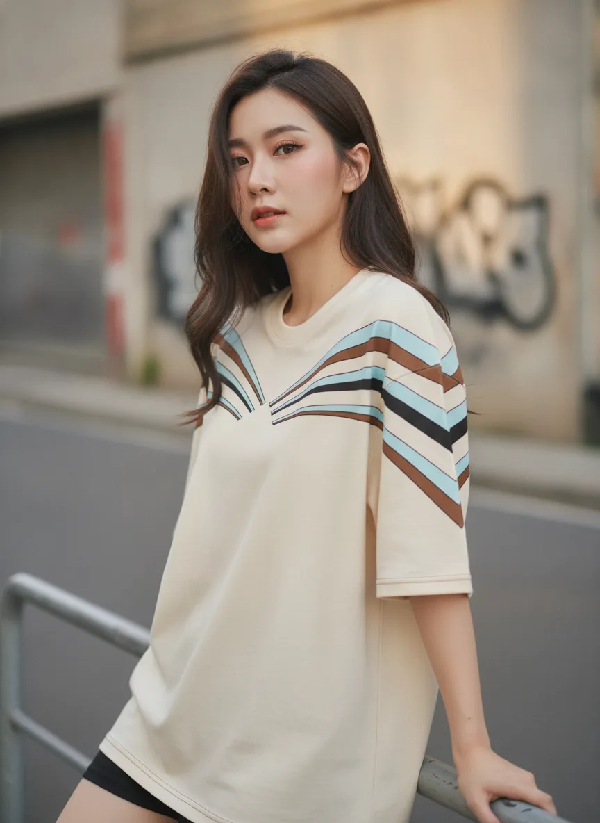 เสื้อโอเวอร์ไซส์ลายริ้วพัดโค้งฟ้า-น้ำตาลสีครีม ด้านหน้า เสื้อโอเวอร์ไซส์ลายริ้วพัดโค้งฟ้า-น้ำตาลสีครีม ด้านหน้า