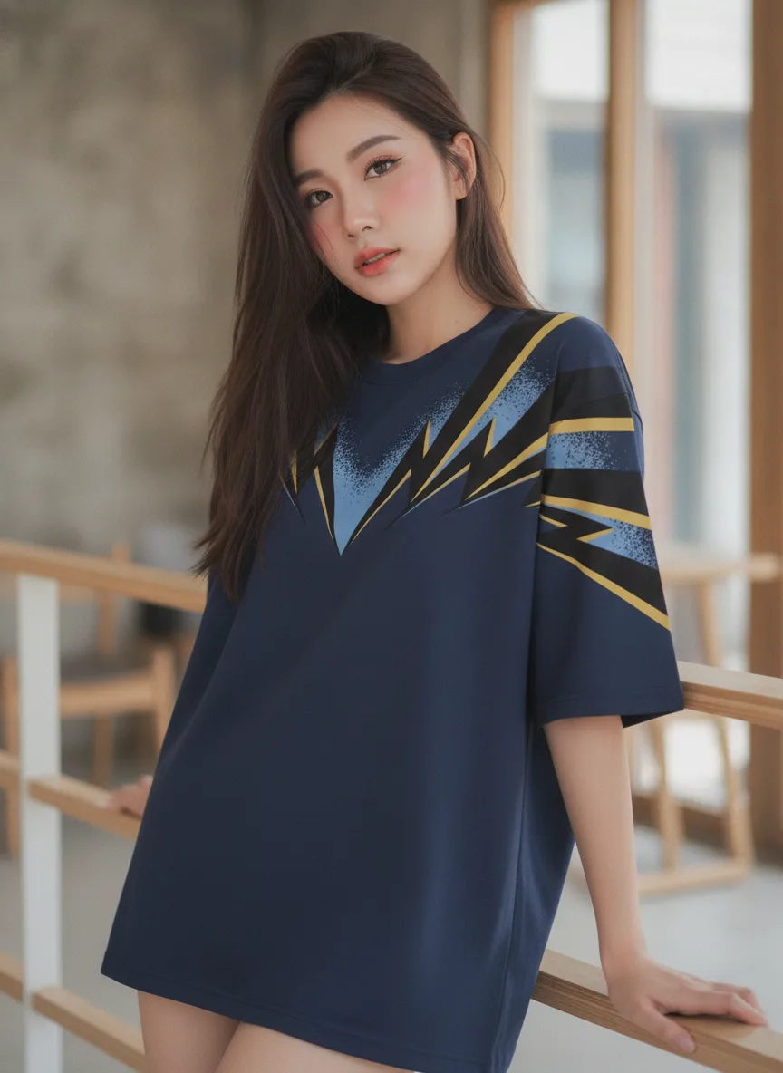 เสื้อโอเวอร์ไซส์ ลายสายฟ้าฟันปลา ทอง-ฟ้า สีกรมท่า มุมที่ 2 เสื้อโอเวอร์ไซส์ ลายสายฟ้าฟันปลา ทอง-ฟ้า สีกรมท่า มุมที่ 2