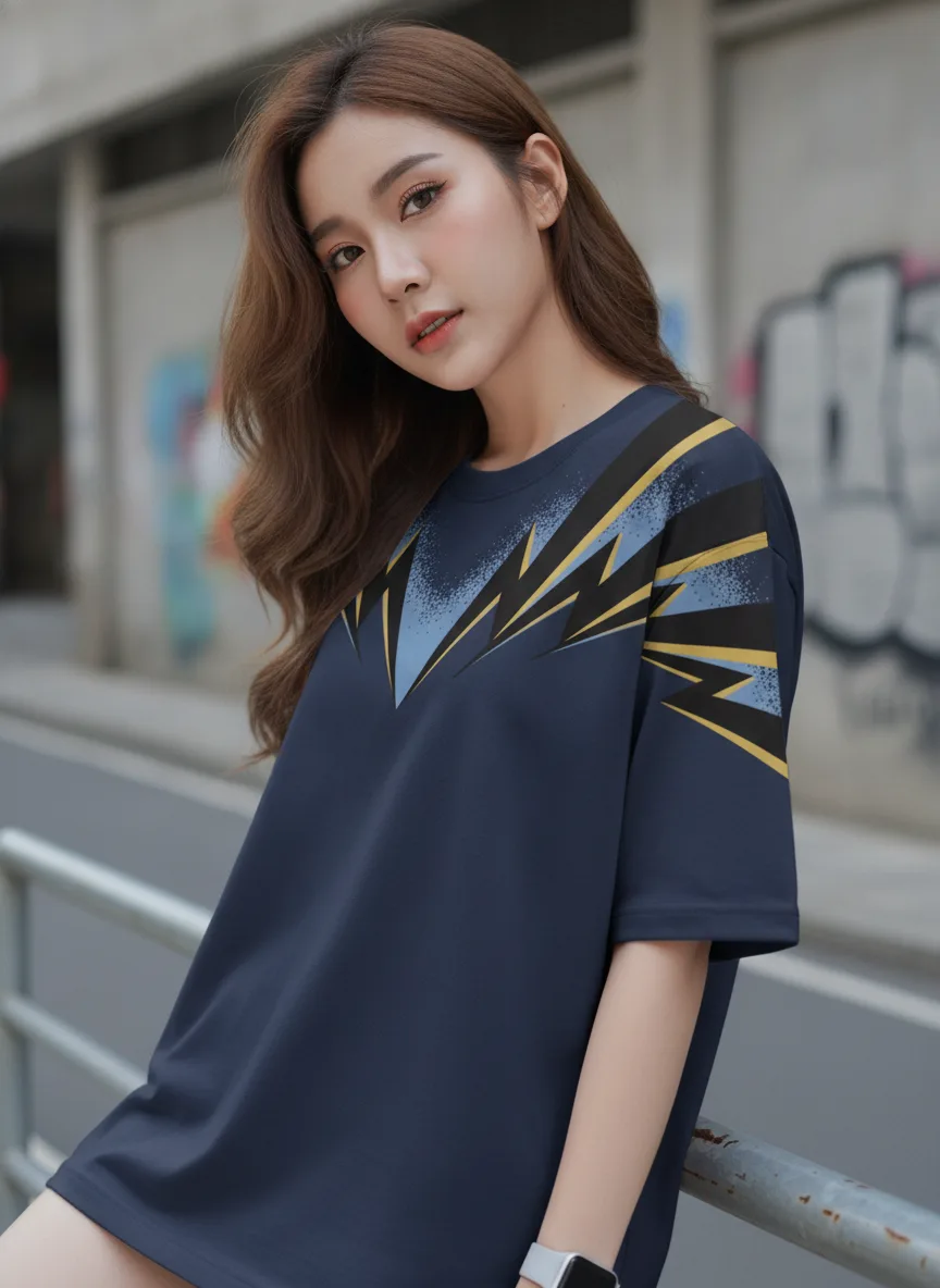 เสื้อโอเวอร์ไซส์ลายสายฟ้าฟันปลาทอง-ฟ้าสีกรมท่า ด้านหน้า