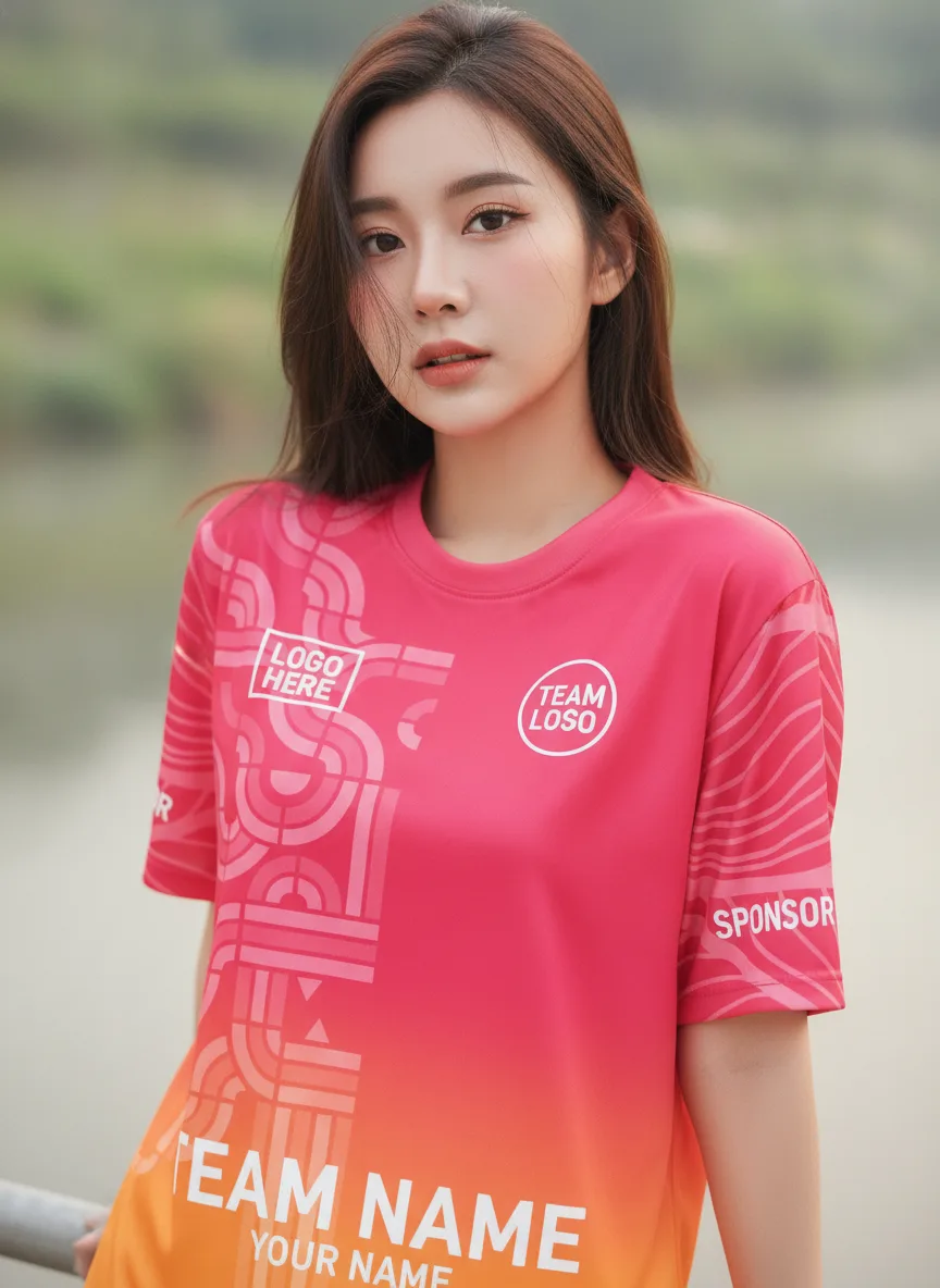 เสื้อทีมวิ่ง ลายไล่สีชมพู-ส้ม เขาวงกต สั่งทำ มุมที่ 2 เสื้อทีมวิ่ง ลายไล่สีชมพู-ส้ม เขาวงกต สั่งทำ มุมที่ 2