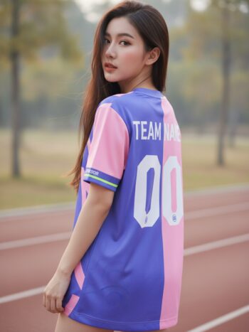 ด้านหลังเสื้อวิ่งทีมลายกราฟิกม่วง-ชมพูพาสเทล พื้นที่ใส่ชื่อทีมและเบอร์