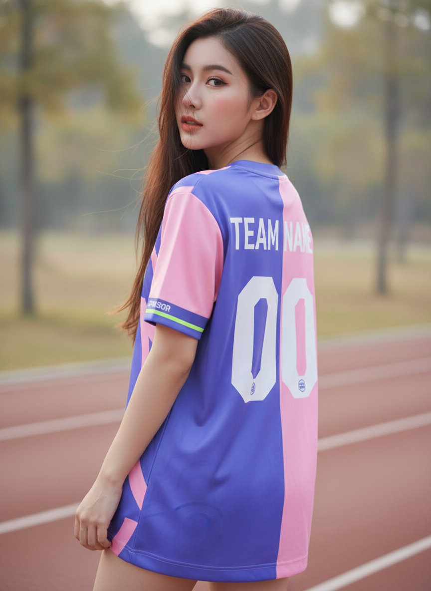 ด้านหลังเสื้อวิ่งทีมลายกราฟิกม่วง-ชมพูพาสเทล พื้นที่ใส่ชื่อทีมและเบอร์ ด้านหลังเสื้อวิ่งทีมลายกราฟิกม่วง-ชมพูพาสเทล พื้นที่ใส่ชื่อทีมและเบอร์