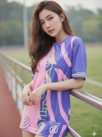 นางแบบใส่เสื้อวิ่งทีมลายกราฟิกม่วง-ชมพูพาสเทล เส้นนีออนเขียว ด้านหน้ามีโลโก้ทีมและเบอร์