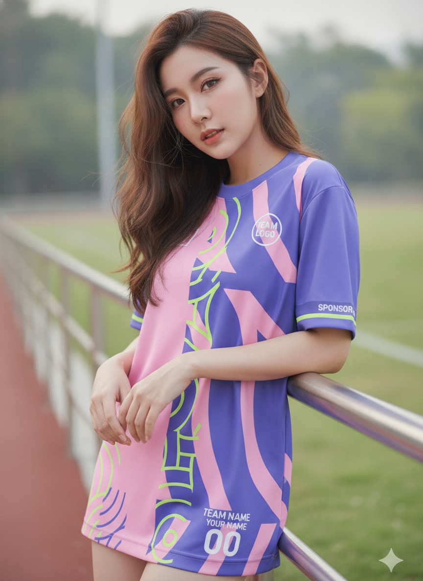 นางแบบใส่เสื้อวิ่งทีมลายกราฟิกม่วง-ชมพูพาสเทล เส้นนีออนเขียว ด้านหน้ามีโลโก้ทีมและเบอร์