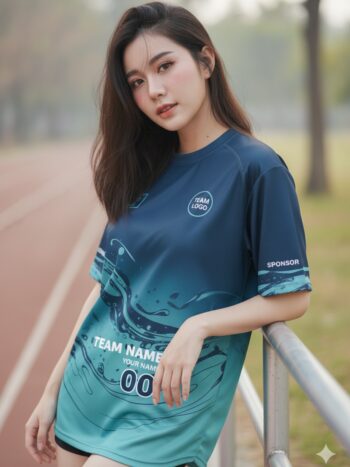 นางแบบใส่เสื้อวิ่งทีมลายคลื่นน้ำ ไล่เฉดน้ำเงิน-เขียว ด้านหน้ามีโลโก้ทีมและเบอร์
