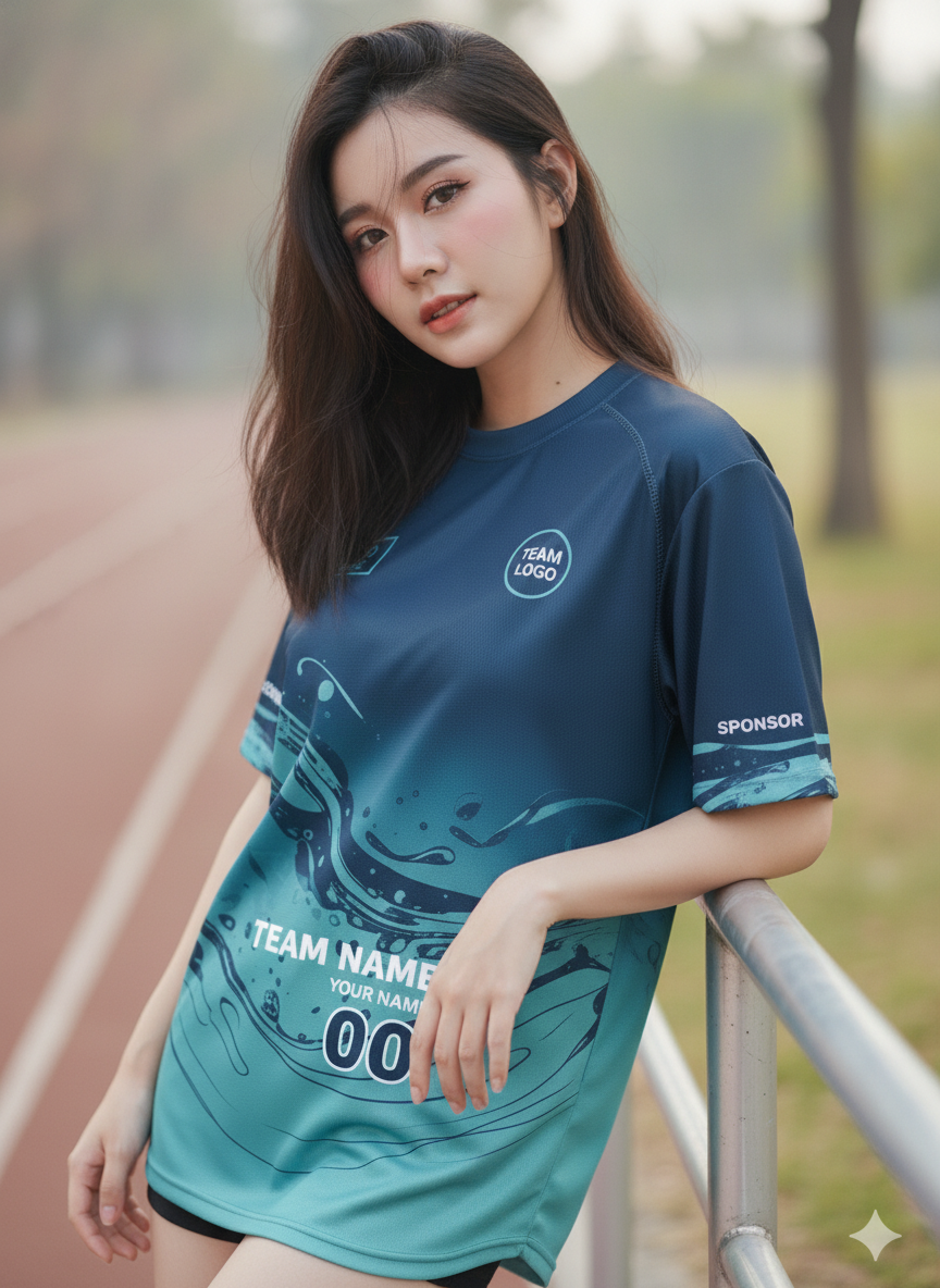 นางแบบใส่เสื้อวิ่งทีมลายคลื่นน้ำ ไล่เฉดน้ำเงิน-เขียว ด้านหน้ามีโลโก้ทีมและเบอร์