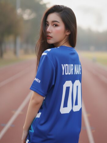 เสื้อวิ่งทีม ลายเรขาคณิตน้ำเงิน-ฟ้า สไตล์เทค สั่งทำใส่ชื่อ ด้านหลัง