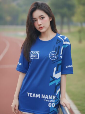 นางแบบใส่เสื้อวิ่งทีมลายเรขาคณิตน้ำเงิน-ฟ้า สไตล์เทค ริมลู่วิ่ง สั่งทำใส่ชื่อ