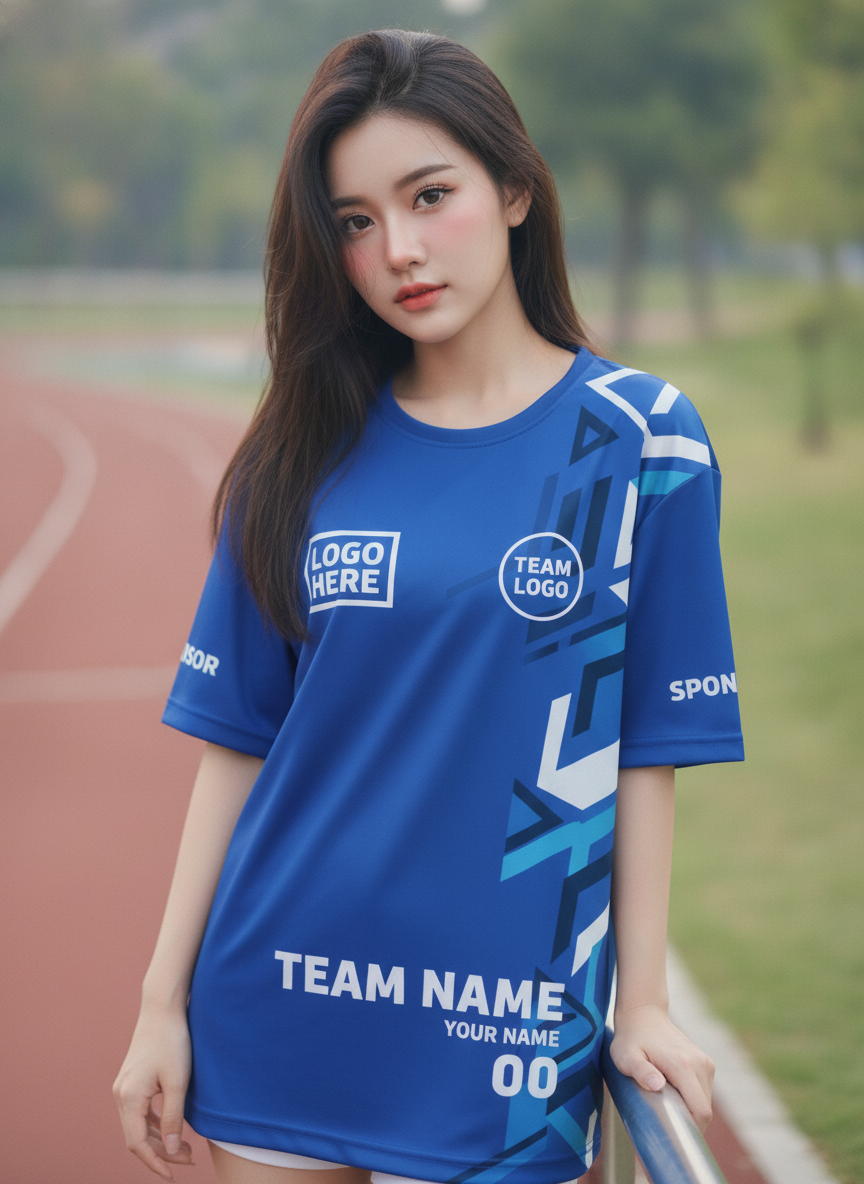 นางแบบใส่เสื้อวิ่งทีมลายเรขาคณิตน้ำเงิน-ฟ้า สไตล์เทค ริมลู่วิ่ง สั่งทำใส่ชื่อ