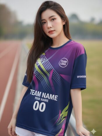 นางแบบใส่เสื้อวิ่งทีม ลายสายฟ้ากราฟิก กรมท่า-ชมพู-เขียว สั่งทำ ริมลู่วิ่ง สั่งทำใส่ชื่อทีม