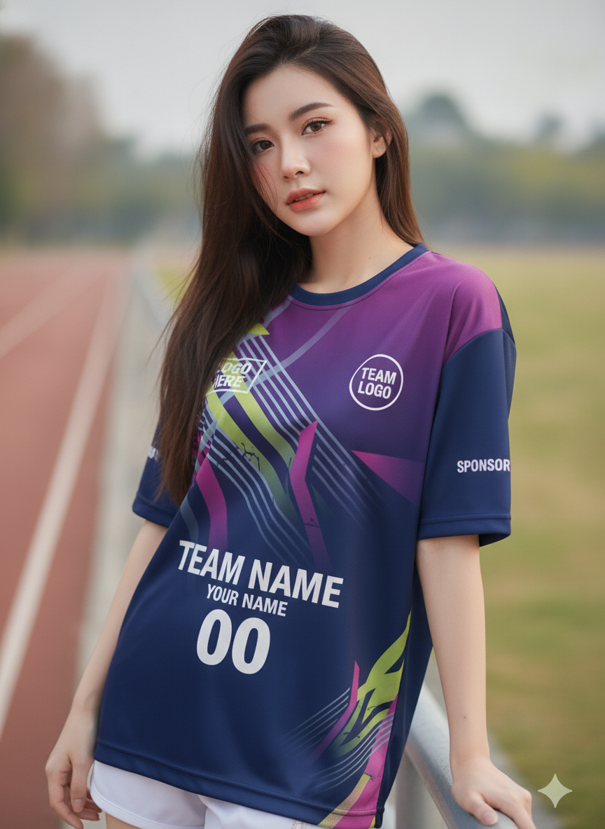 นางแบบใส่เสื้อวิ่งทีม ลายสายฟ้ากราฟิก กรมท่า-ชมพู-เขียว สั่งทำ ริมลู่วิ่ง สั่งทำใส่ชื่อทีม