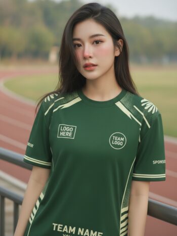นางแบบใส่เสื้อวิ่งทีมเขียวขี้ม้าตัดครีม มินิมอลสปอร์ต ริมลู่วิ่ง สั่งทำใส่ชื่อ
