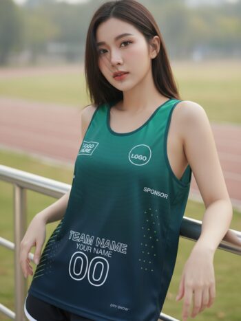 นางแบบใส่เสื้อวิ่งทีม ไล่เฉดเขียวเทอร์ควอยซ์ มินิมอล สั่งทำ ริมลู่วิ่ง สั่งทำใส่ชื่อทีม