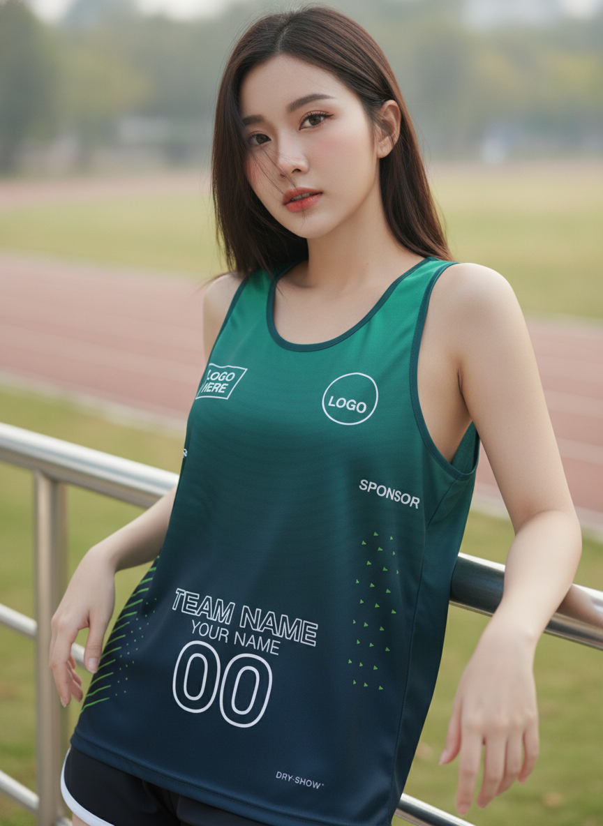นางแบบใส่เสื้อวิ่งทีม ไล่เฉดเขียวเทอร์ควอยซ์ มินิมอล สั่งทำ ริมลู่วิ่ง สั่งทำใส่ชื่อทีม