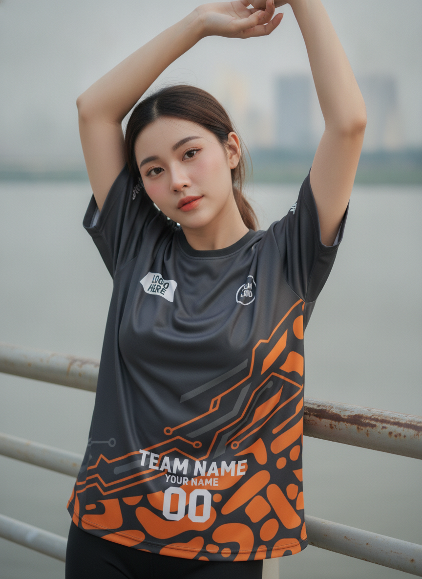 เสื้อวิ่งทีม ลายวงจรเทค ส้ม-เทาเข้ม สั่งทำใส่ชื่อ มุมที่ 2 เสื้อวิ่งทีม ลายวงจรเทค ส้ม-เทาเข้ม สั่งทำใส่ชื่อ มุมที่ 2