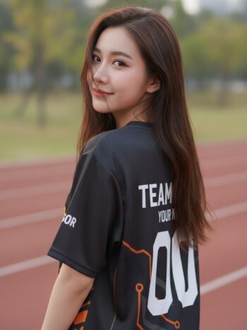 เสื้อวิ่งทีม ลายวงจรเทค ส้ม-เทาเข้ม สั่งทำใส่ชื่อ ด้านหลัง