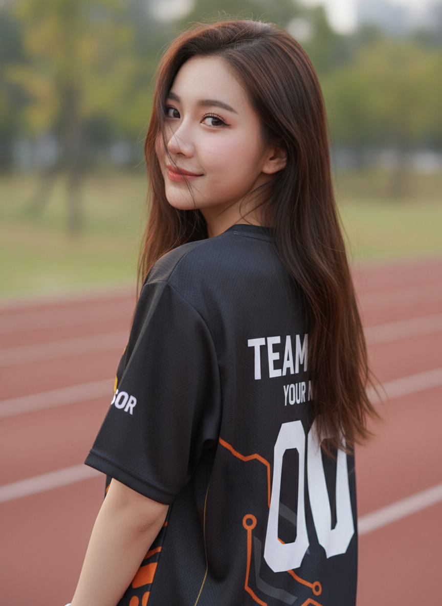 เสื้อวิ่งทีม ลายวงจรเทค ส้ม-เทาเข้ม สั่งทำใส่ชื่อ ด้านหลัง เสื้อวิ่งทีม ลายวงจรเทค ส้ม-เทาเข้ม สั่งทำใส่ชื่อ ด้านหลัง