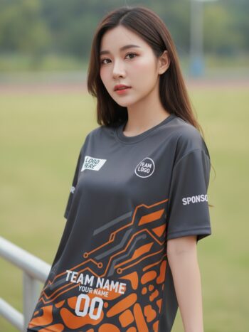 นางแบบใส่เสื้อวิ่งทีม ลายวงจรเทค ส้ม-เทาเข้ม สั่งทำใส่ชื่อ ริมลู่วิ่ง สั่งทำใส่ชื่อทีม