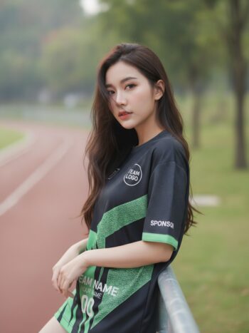 นางแบบใส่เสื้อวิ่งทีม โลโก้สายฟ้ามินต์ กรมท่า มินิมอล สั่งทำ ริมลู่วิ่ง สั่งทำใส่ชื่อทีม