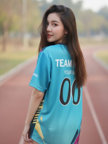 เสื้อวิ่งทีม ลายสามเหลี่ยมฟ้า-ชมพู-ทอง สั่งทำใส่ชื่อ ด้านหลัง