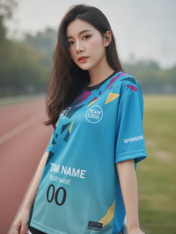 นางแบบใส่เสื้อวิ่งทีม ลายสามเหลี่ยมฟ้า-ชมพู-ทอง สั่งทำใส่ชื่อ ริมลู่วิ่ง สั่งทำใส่ชื่อทีม
