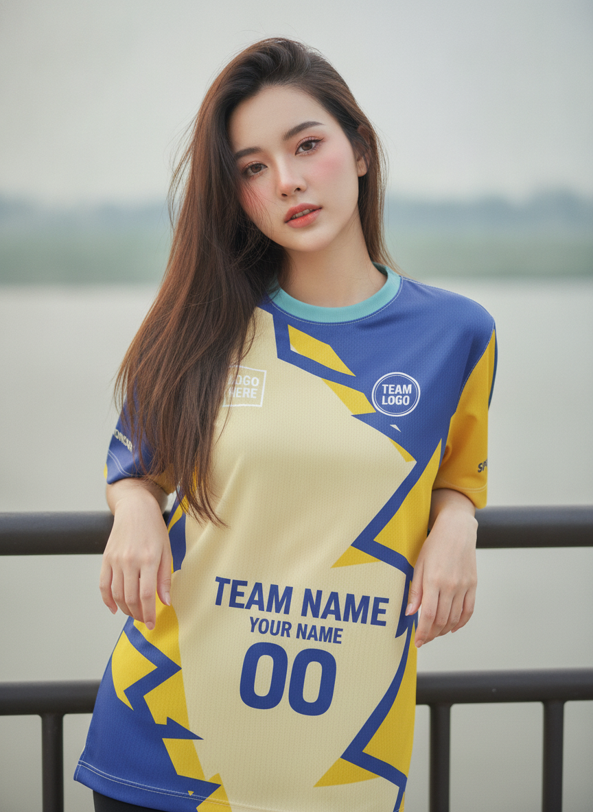 เสื้อวิ่งทีม ลายกราฟิกน้ำเงิน-เหลือง สั่งทำใส่ชื่อ มุมที่ 2 เสื้อวิ่งทีม ลายกราฟิกน้ำเงิน-เหลือง สั่งทำใส่ชื่อ มุมที่ 2