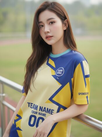 นางแบบใส่เสื้อวิ่งทีม ลายกราฟิกน้ำเงิน-เหลือง สั่งทำใส่ชื่อ ริมลู่วิ่ง สั่งทำใส่ชื่อทีม