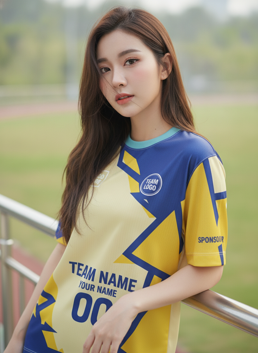 นางแบบใส่เสื้อวิ่งทีม ลายกราฟิกน้ำเงิน-เหลือง สั่งทำใส่ชื่อ ริมลู่วิ่ง สั่งทำใส่ชื่อทีม