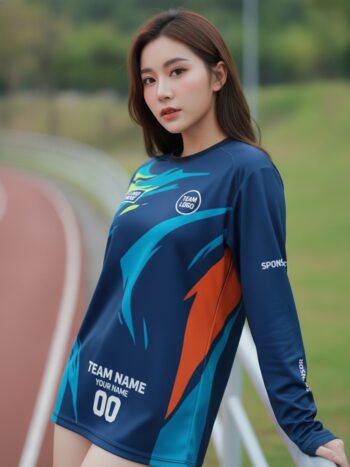นางแบบใส่เสื้อวิ่งทีม ลายของเหลวนาวี-ฟ้า-เขียว อีสปอร์ต สั่งทำ ริมลู่วิ่ง สั่งทำใส่ชื่อทีม