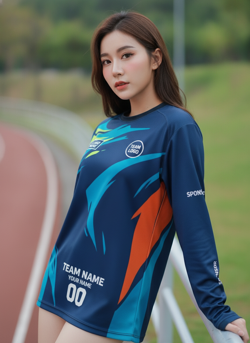 นางแบบใส่เสื้อวิ่งทีม ลายของเหลวนาวี-ฟ้า-เขียว อีสปอร์ต สั่งทำ ริมลู่วิ่ง สั่งทำใส่ชื่อทีม