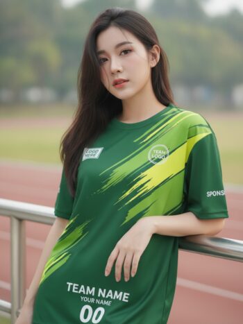 นางแบบใส่เสื้อวิ่งทีม เขียวเข้มลายแปรงมะนาว มินิมอล สั่งทำ ริมลู่วิ่ง สั่งทำใส่ชื่อทีม
