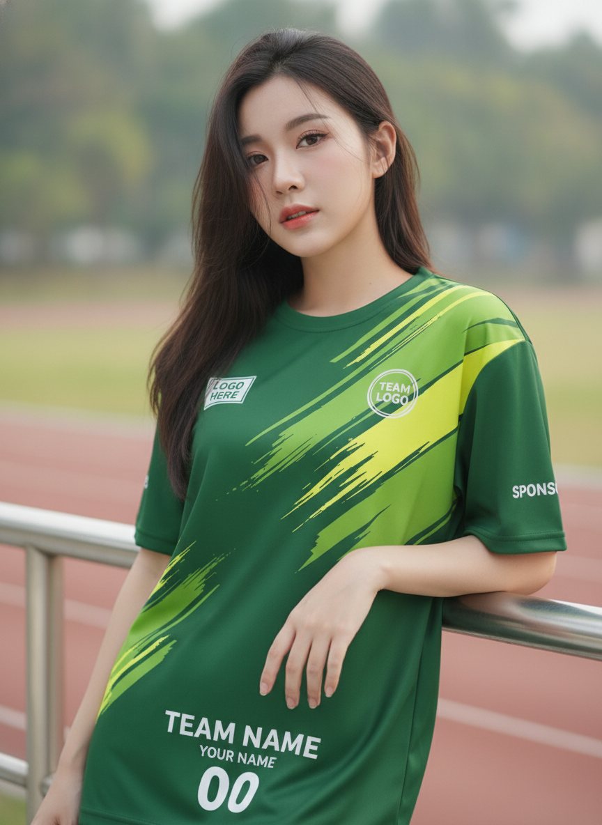 นางแบบใส่เสื้อวิ่งทีม เขียวเข้มลายแปรงมะนาว มินิมอล สั่งทำ ริมลู่วิ่ง สั่งทำใส่ชื่อทีม นางแบบใส่เสื้อวิ่งทีม เขียวเข้มลายแปรงมะนาว มินิมอล สั่งทำ ริมลู่วิ่ง สั่งทำใส่ชื่อทีม