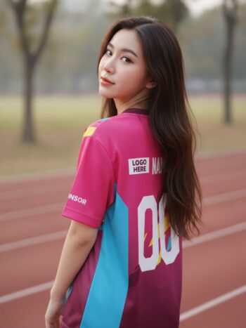 เสื้อวิ่งทีม ลายกราฟิกชมพู-ฟ้า-เหลือง สั่งทำใส่ชื่อ ด้านหลัง