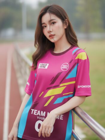 นางแบบใส่เสื้อวิ่งทีม ลายกราฟิกชมพู-ฟ้า-เหลือง สั่งทำใส่ชื่อ ริมลู่วิ่ง สั่งทำใส่ชื่อทีม