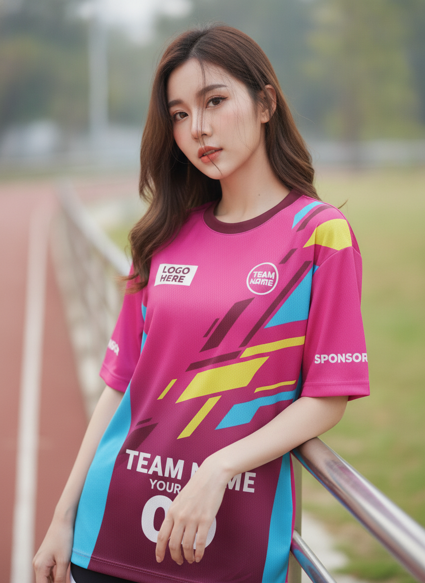 นางแบบใส่เสื้อวิ่งทีม ลายกราฟิกชมพู-ฟ้า-เหลือง สั่งทำใส่ชื่อ ริมลู่วิ่ง สั่งทำใส่ชื่อทีม
