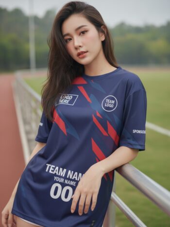 นางแบบใส่เสื้อวิ่งทีม ลายเรซซิ่งน้ำเงิน-แดง สั่งทำใส่ชื่อ ริมลู่วิ่ง สั่งทำใส่ชื่อทีม