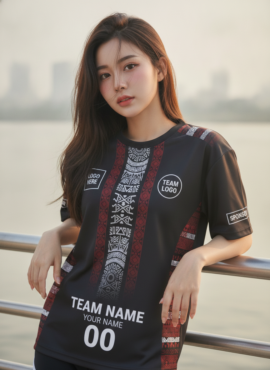 เสื้อวิ่งทีม ลายชนเผ่าดำ-แดง-ขาว สั่งทำใส่ชื่อ มุมที่ 2 เสื้อวิ่งทีม ลายชนเผ่าดำ-แดง-ขาว สั่งทำใส่ชื่อ มุมที่ 2