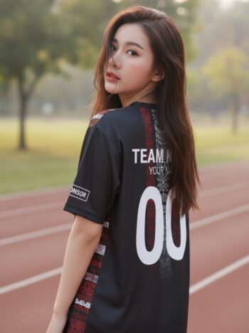 เสื้อวิ่งทีม ลายชนเผ่าดำ-แดง-ขาว สั่งทำใส่ชื่อ ด้านหลัง