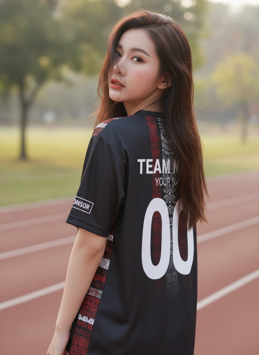 เสื้อวิ่งทีม ลายชนเผ่าดำ-แดง-ขาว สั่งทำใส่ชื่อ ด้านหลัง เสื้อวิ่งทีม ลายชนเผ่าดำ-แดง-ขาว สั่งทำใส่ชื่อ ด้านหลัง