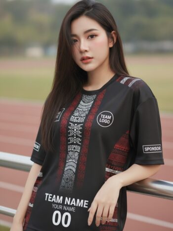 นางแบบใส่เสื้อวิ่งทีม ลายชนเผ่าดำ-แดง-ขาว สั่งทำใส่ชื่อ ริมลู่วิ่ง สั่งทำใส่ชื่อทีม