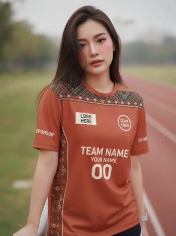 นางแบบใส่เสื้อวิ่งทีม สีอิฐแต่งลายเผ่า มินิมอล สั่งทำใส่ชื่อ ริมลู่วิ่ง สั่งทำใส่ชื่อทีม