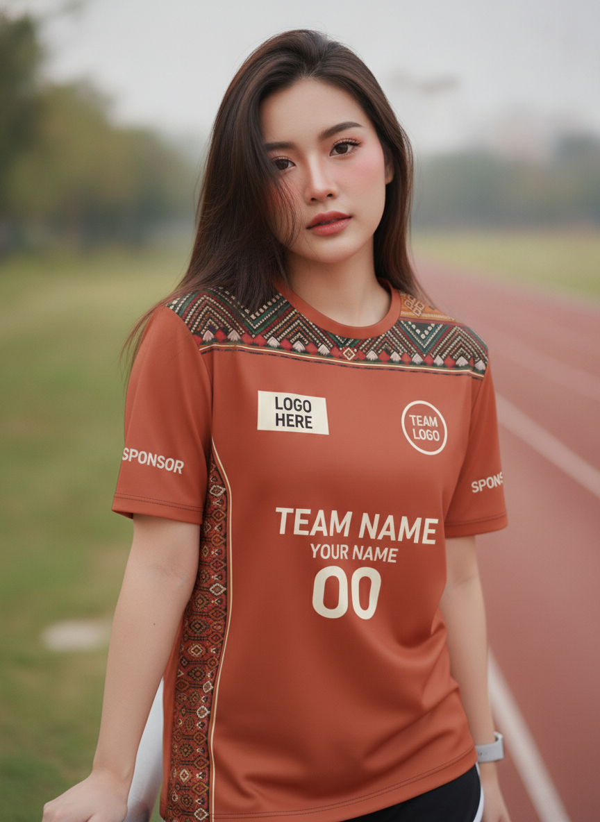 นางแบบใส่เสื้อวิ่งทีม สีอิฐแต่งลายเผ่า มินิมอล สั่งทำใส่ชื่อ ริมลู่วิ่ง สั่งทำใส่ชื่อทีม
