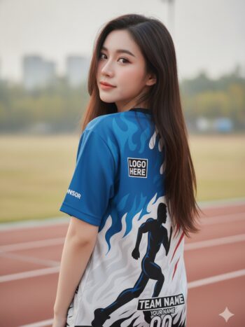 เสื้อวิ่งทีม ลายนักวิ่งเปลวไฟ น้ำเงิน-แดง สั่งทำ ด้านหลัง