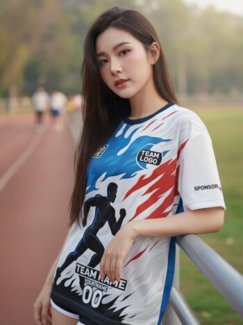นางแบบใส่เสื้อวิ่งทีม ลายนักวิ่งเปลวไฟ น้ำเงิน-แดง สั่งทำ ริมลู่วิ่ง สั่งทำใส่ชื่อทีม