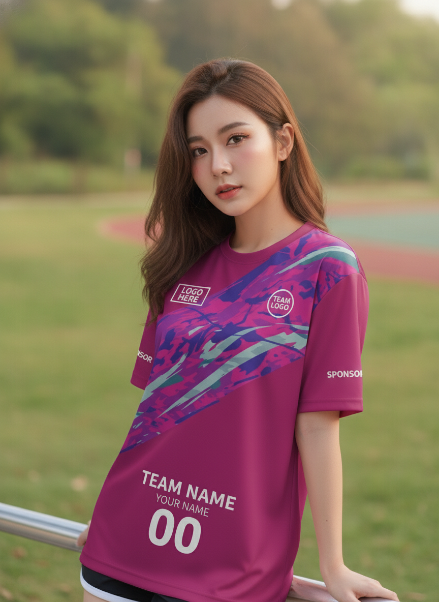 นางแบบใส่เสื้อวิ่งทีม ลายแปรงชมพู-ม่วง กรันจ์ สั่งทำใส่ชื่อ ริมลู่วิ่ง สั่งทำใส่ชื่อทีม