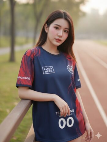 นางแบบใส่เสื้อวิ่งทีม กรมท่าลายแปรงแดง มินิมอล สั่งทำใส่ชื่อ ริมลู่วิ่ง สั่งทำใส่ชื่อทีม