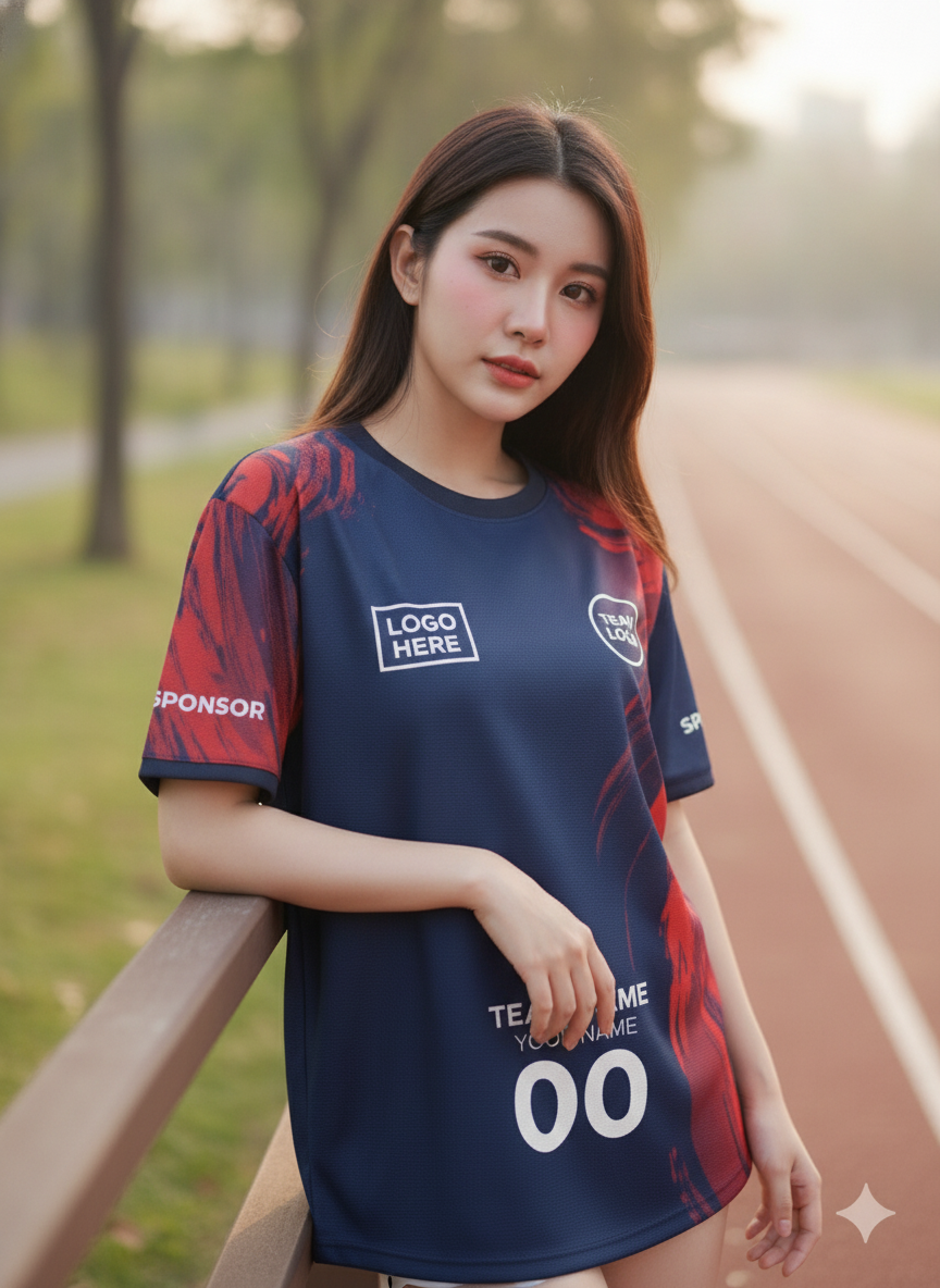 นางแบบใส่เสื้อวิ่งทีม กรมท่าลายแปรงแดง มินิมอล สั่งทำใส่ชื่อ ริมลู่วิ่ง สั่งทำใส่ชื่อทีม